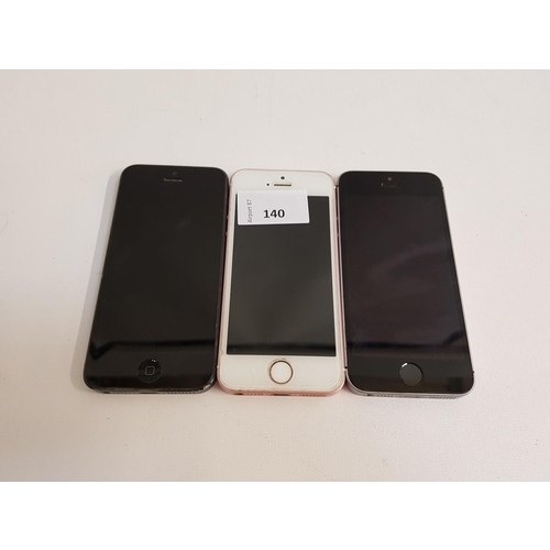 140 - TWO APPLE IPHONE SE PHONES - A1723 AND ONE APPLE IPHONE 5 - MODEL A1489
one SE imei - 35922407743635... 