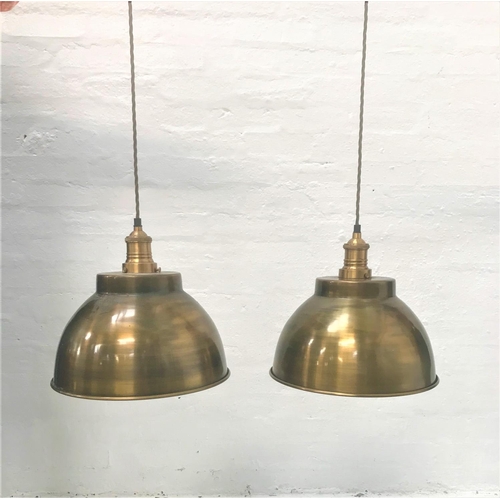 407 - PAIR OF ANTIQUE BRASS EFFECT INDUSTRIAL PENDANT LIGHTS
with domed shades and interior textured featu... 