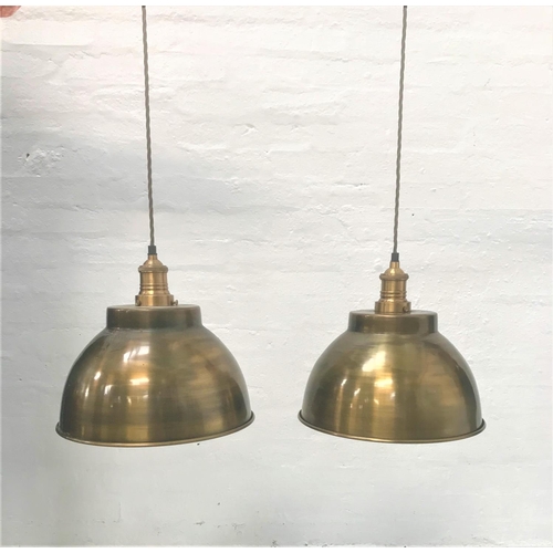 408 - PAIR OF ANTIQUE BRASS EFFECT INDUSTRIAL PENDANT LIGHTS
with domed shades and interior textured featu... 