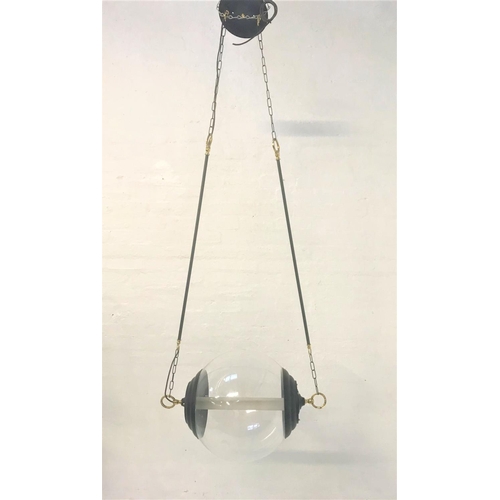 412 - UNUSUAL PENDANT LIGHT
with two suspension chains and rods and a central Perspex globe shade, approxi... 