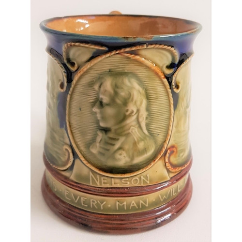 164 - ROYAL DOULTON COMMERATIVE MUG
Nelson, with relief decoration and a rope twist handle, 9.5cm high