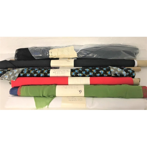 315 - EIGHT ROLLS OF VARIOUS FABRICS
including white satin, patterned silk, red imitation leather, green c... 