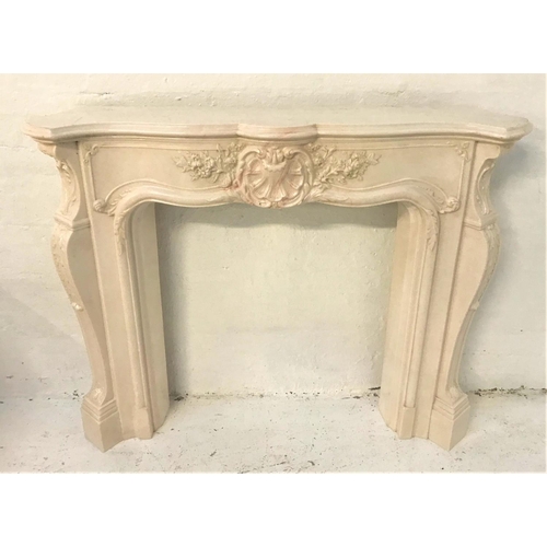 402 - FAUX MARBLE CHIMNEY PIECE
with a shaped moulded top above a central shell motif flanked by shaped co... 