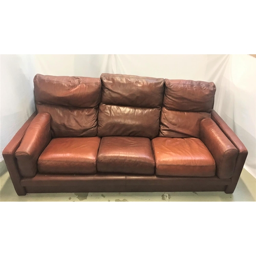 393 - TOBACCO BROWN LEATHER THREE SEAT SOFA
with back, seat and side zip in cushions, 220cm wide