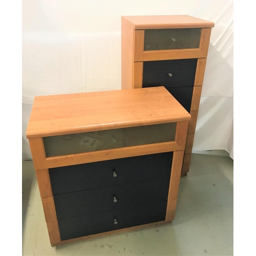 396 - TALL NARROW CHEST
with an opaque glass front top drawer above five blue front panel drawers, 125cm h... 