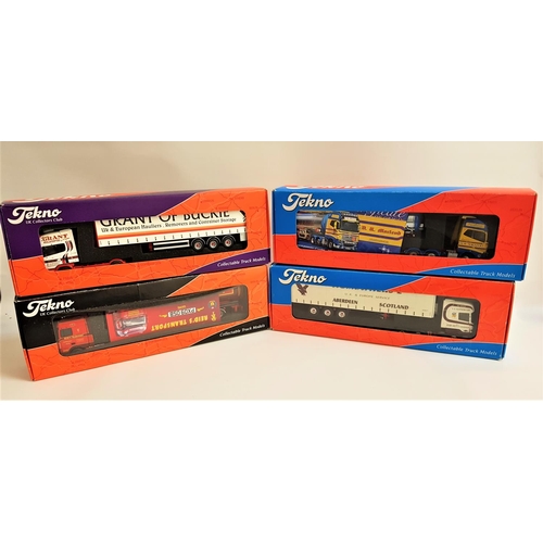 332 - FOUR TEKNO DIE CAST TRUCKS AND TRAILERS
including Reid's Transport DAF, Grant of Buckie Scania, V.G.... 