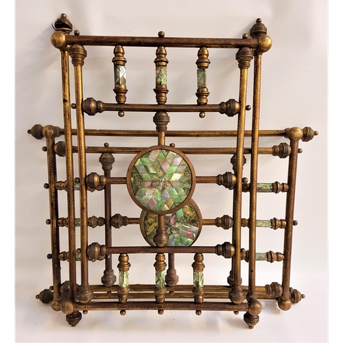 398 - PAIR OF ARTS AND CRAFTS WINDOW INSERTS
of brass tubular form with panels of iridescent motifs, 46cm ... 