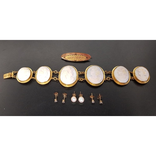 70 - SELECTION OF GOLD AND OTHER JEWELLERY
comprising a graduated cameo set bracelet in gilt setting; a p... 