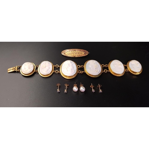 70 - SELECTION OF GOLD AND OTHER JEWELLERY
comprising a graduated cameo set bracelet in gilt setting; a p... 