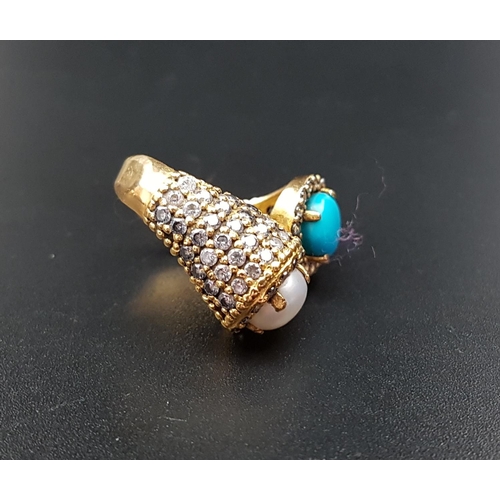 103 - TURQUOISE AND PEARL SET UNMARKED GOLD DRESS RING
the twist ring also with pave set crystal detail, i... 