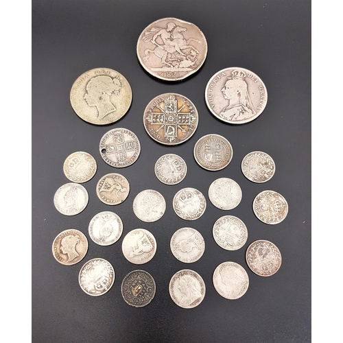 363 - SELECTION OF PRE-1920 BRITISH SILVER COINS
including an 1821 crown, 1882 and 1889 half crowns, 1914 ... 