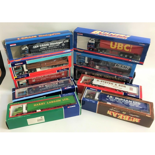 335 - TEN CORGI DIE CAST TRUCK AND TRAILERS
including Harry Lawson Ltd. Volvo, Malcolm MAN, D. Steven & So... 