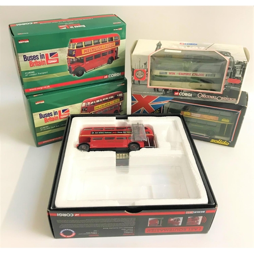 341 - FOUR CORGI DIE CAST BUSSES
including RT Double Deck, RT London Transport, Routemaster and a Blackpoo... 