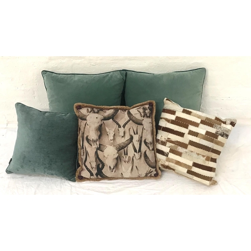 612 - EIGHT VARIOUS CUSHIONS
comprising three velvet teal coloured cushions by Paoletti, one printed with ... 