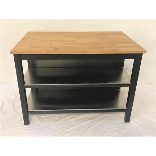 618 - FREESTANDING KITCHEN ISLAND UNIT
with segmented oak top standing on plain supports, one side with tw... 