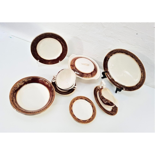 147 - CRAWFORD BURSLEM DINNER SERVICE
the white ground and burgundy band with gilt highlights, comprising ... 