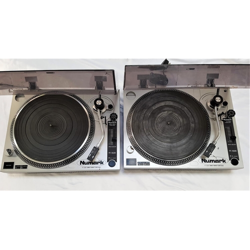 436 - TWO NUMARK TT-1520 DIRECT DRIVE TURNTABLES
both in silver and with tonearm counterweight (2)