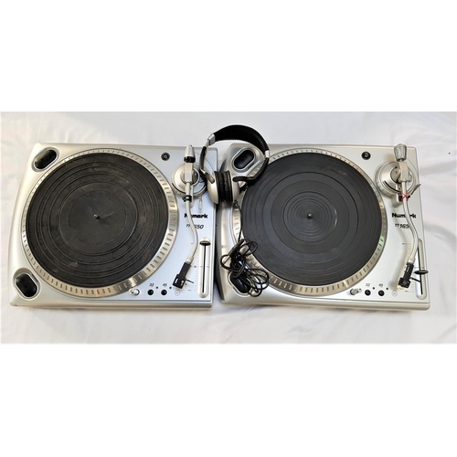 444 - TWO NUMARK TT1650 MANUAL TURNTABLES
in silver, both with tonearm counterweights; together with a pai... 