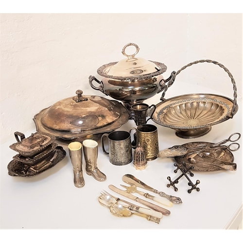 141 - SELECTION OF SILVER PLATE
including a soup tureen with side handles, shaped lidded muffin dish with ... 