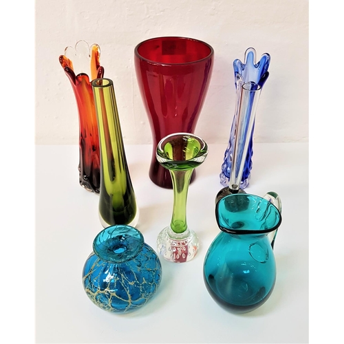 152 - SELECTION OF ART GLASS
including a Mdina squat blue vase with brown veining, ruby vase of waisted fo... 