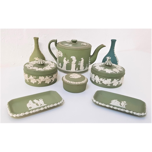 205 - SELECTION OF WEDGWOOD GREEN JASPERWARE
including a coffee pot with a chip to the rim and lid, a pair... 