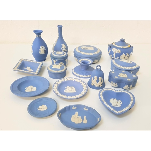 206 - LARGE SELECTION OF WEDGWOOD BLUE JASPERWARE
including a pair of chamber sticks, three heart shaped p... 