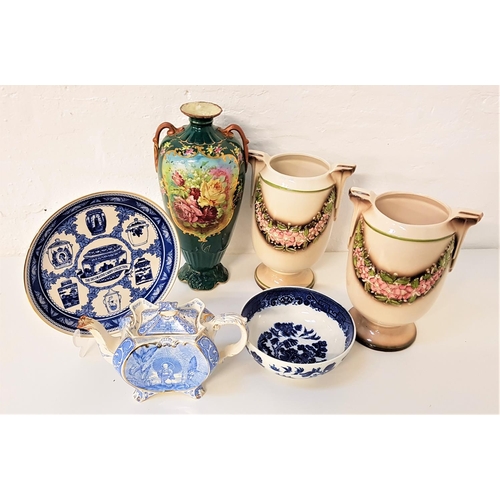 213 - EDWARDIAN BLUE AND WHITE TEA POT
with gilt highlights, Allertons Willow pattern bowl, Masons The Dec... 