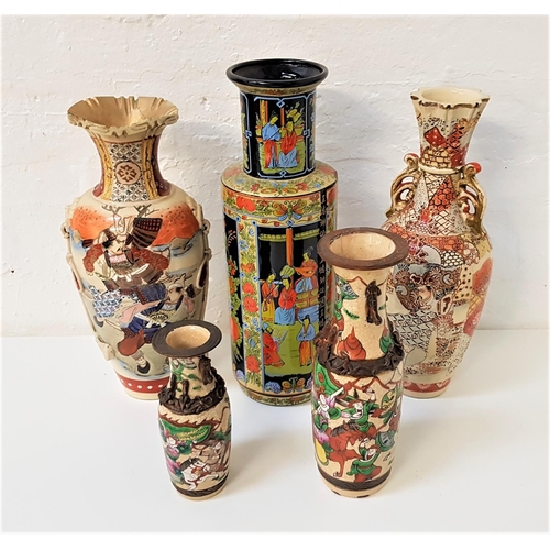 224 - FIVE EAST ASIAN VASES
one decorated with warriors to the tapering body with handles on the ruffled n... 