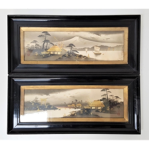 561 - PAIR OF JAPANESE SCHOOL WATERCOLOURS
the monochrome palette with gilt highligts, depicting landscape... 