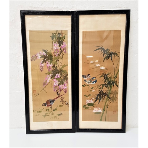 562 - TWO CHINESE PAINTED SCROLLS
depicting ducks with bamboo and pheasant with cherry blossom, both with ... 