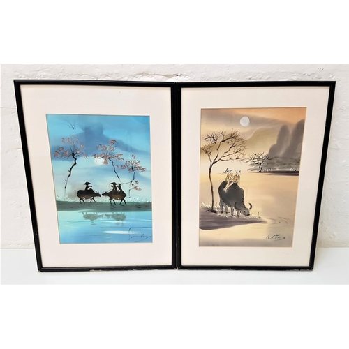 566 - TWO CHINESE PAINTINGS ON SILK
one depicting two children on a water buffalo, 32cm x 22cm, the other ... 