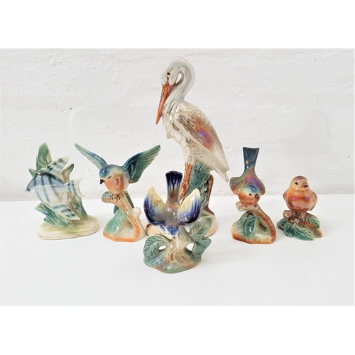 196 - SIX CAMPSIE WARE LUSTRE WARE FIGURINES
including a fish, stork, blue tit and three robins (6)