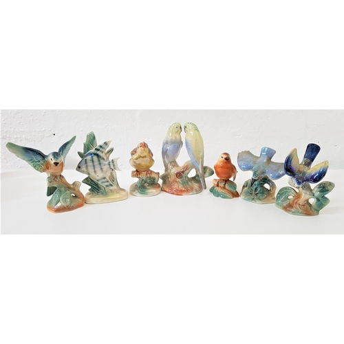 201 - SEVEN CAMPSIE WARE LUSTRE FIGURINES
including a thrush, pair of budgies, robin, blue tit, fish, king... 