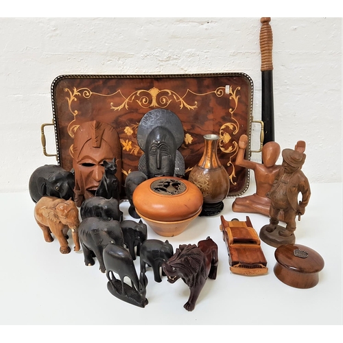 368 - SELECTION OF CARVED WOODEN ITEMS
including a selection of graduated African hardwood elephants; two ... 