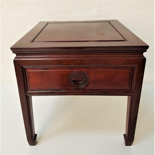 643 - CHINESE HARDWOOD SIDE TABLE
with a square paneled top above a frieze drawer and paneled sides, stand... 