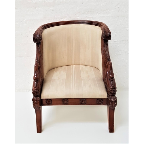 660 - FRENCH EMPIRE MAHOGANY CHILD'S CHAIR
with a shaped carved top rail above stylised swan arm supports,... 