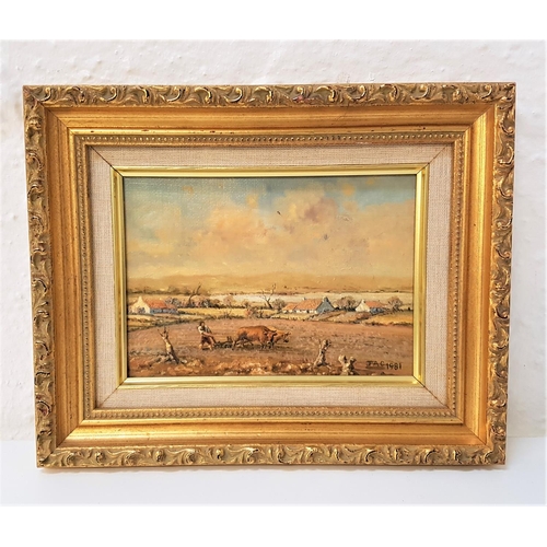 558 - JAC
Plough, Oxen, oil on board, initialled and dated 1981, inscribed to verso, 11.5cm x 16.5cm