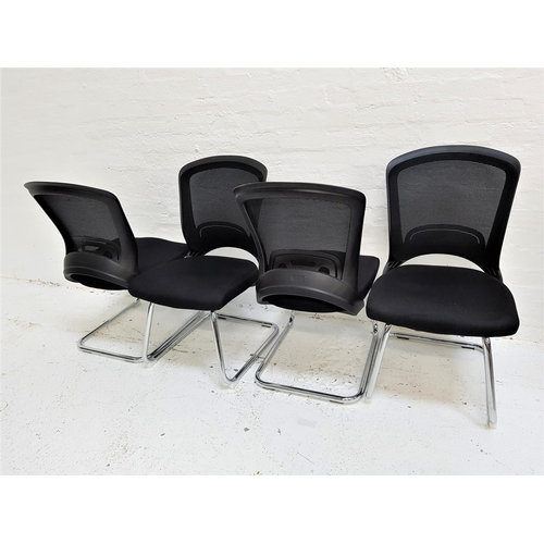 626 - SET OF FOUR OFFICE CHAIRS
with shaped mesh fabric backs above black fabric padded seats, standing on... 