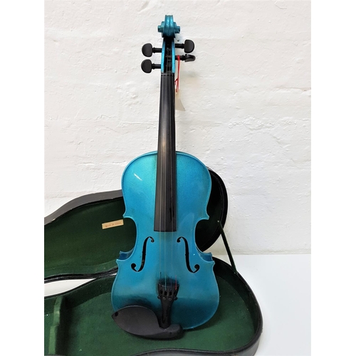 502 - ANTONI VIOLIN
model AV30BC, with a metallic blue body, 35cm one piece back and chin rest, with a cas... 