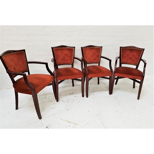 637 - SET OF FOUR STAINED OAK ARMCHAIRS
each with a shaped top rail above a padded button back and stuffov... 