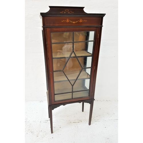 638 - EDWARDIAN MAHOGANY AND INLAID DISPLAY CABINET
with a shaped raised back above an inlaid frieze, with... 