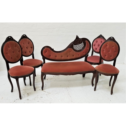 649 - EARLY 20th CENTURY PARLOUR SUITE
comprising a small two seat sofa with a shaped button back with pie... 