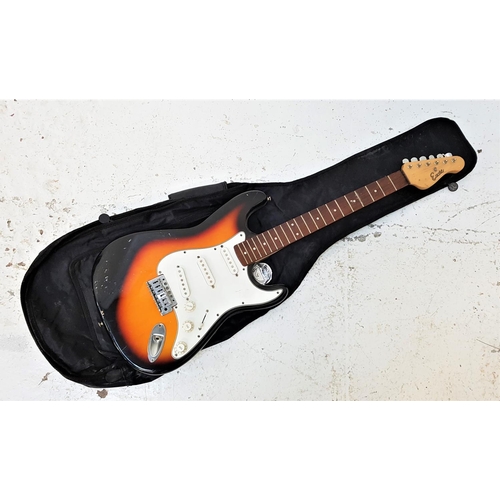 537 - ENCORE ELECTRIC GUITAR
with mother of pearl inlay to the neck, with a sunburst gloss body with three... 