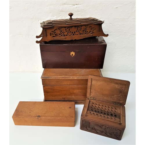 375 - SELECTION OF BOXES
including a mahogany box with a lift up hinged lid, standing on a plinth base, 17... 