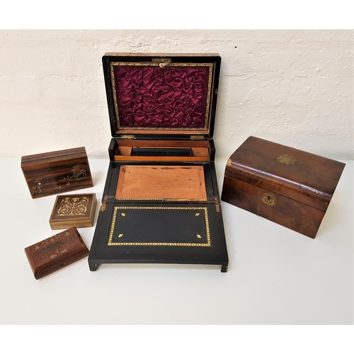 376 - SELECTION OF BOXES
including a Victorian and inlaid walnut travelling writing slope, 17cm high x 30.... 