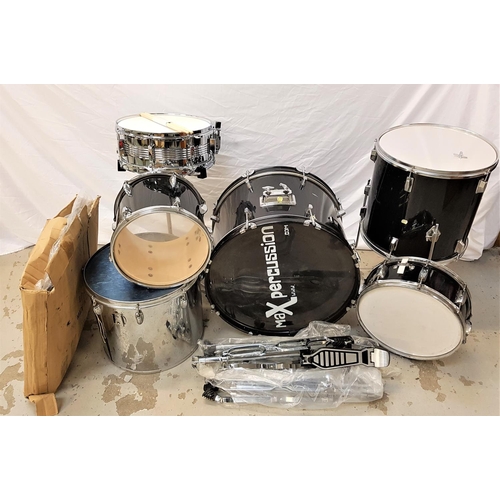 542 - MAX PERCUSSION DRUM SET
comprising a bass drum and pedal, two snare drums, one with a stand, floor t... 