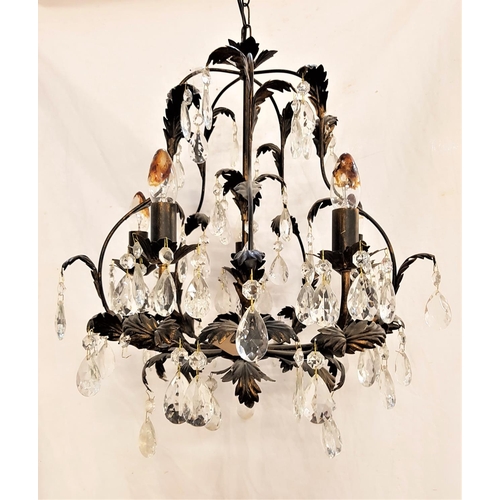 573 - ORNATE CHANDELIER 
with a central metal column with five shaped branches with leaf decoration and gl... 