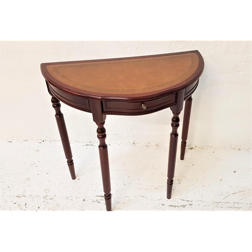 592 - STAINED D SHAPED SIDE TABLE
with an inset leather top above a single central frieze drawer, standing... 