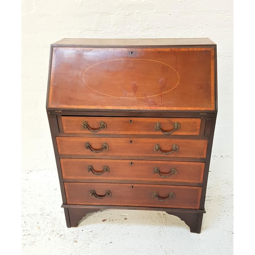 654 - MAHOGANY AND INLAID BUREAU
with a fall flap opening to reveal a fitted interior, with four graduated... 