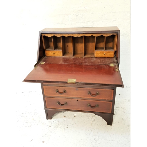 654 - MAHOGANY AND INLAID BUREAU
with a fall flap opening to reveal a fitted interior, with four graduated... 